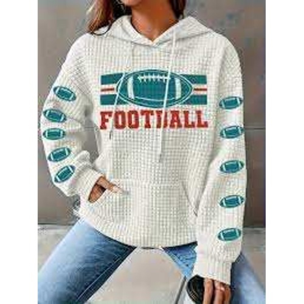 White Quilted Football Graphic Hoodie Womens XL Polyester‎ Elastane Casual New
